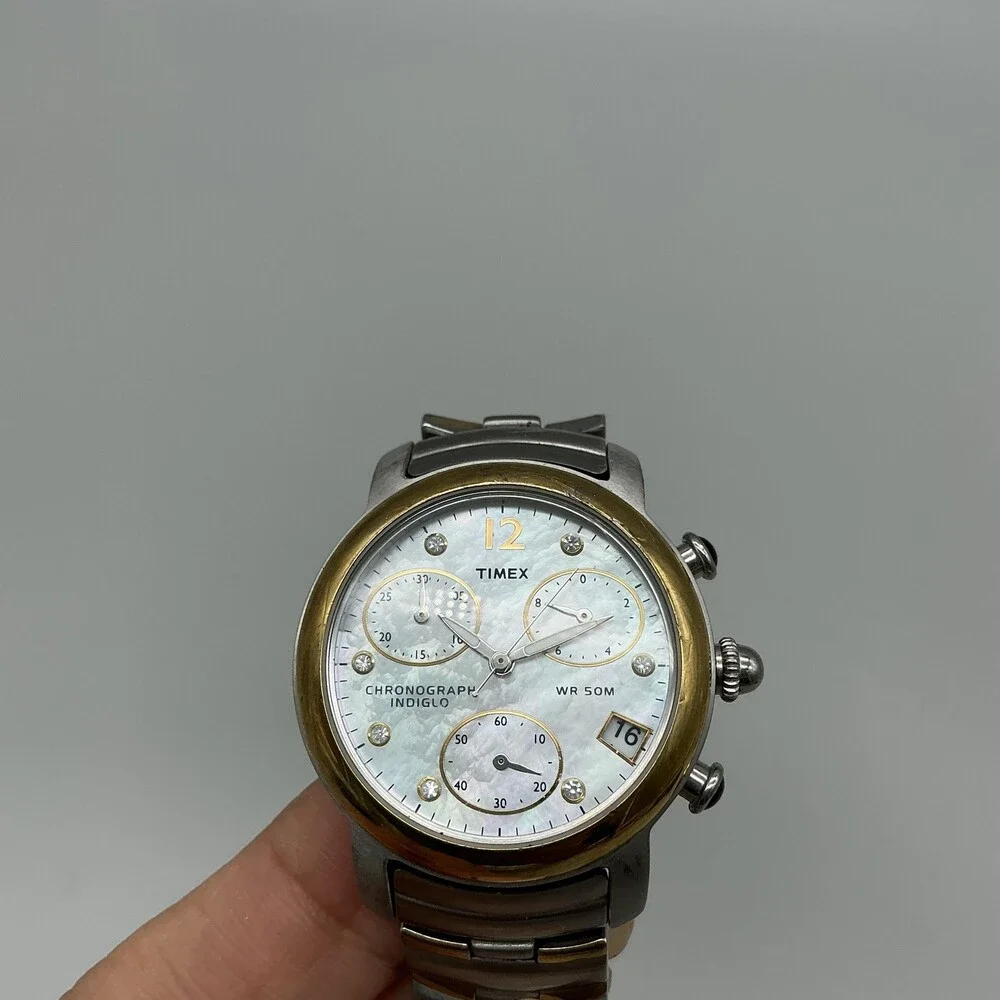 Timex Chronograph Indiglo Womens Watch 31mm MOP Date Two Tone New Battery